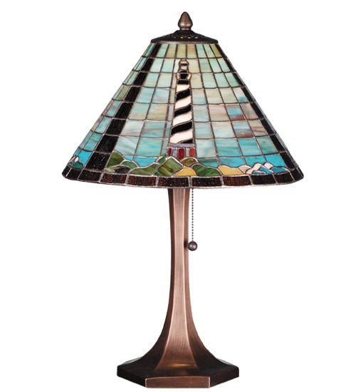 Meyda Lighting The Lighthouse on Cape Hatteras 21" Mahogany Bronze Table Lamp With Multi-Colored Shade Glass