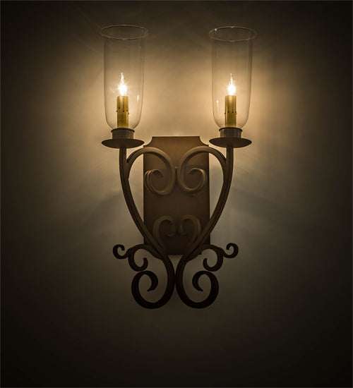 Meyda Lighting Thierry 14" 2-Light Rustic Iron Wall Sconce With Clear Hurricane Shade Glass