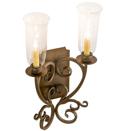 Meyda Lighting Thierry 14" 2-Light Rustic Iron Wall Sconce With Clear Hurricane Shade Glass