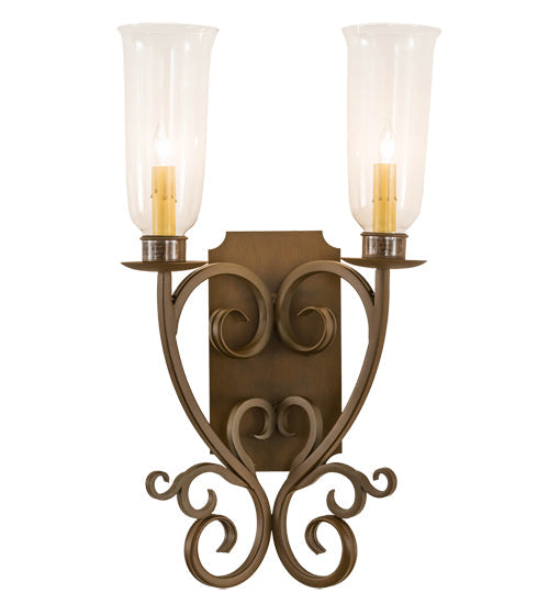 Meyda Lighting Thierry 14" 2-Light Rustic Iron Wall Sconce With Clear Hurricane Shade Glass