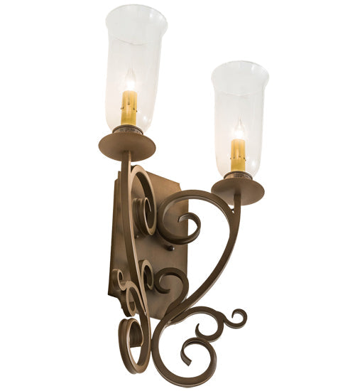 Meyda Lighting Thierry 14" 2-Light Rustic Iron Wall Sconce With Clear Hurricane Shade Glass