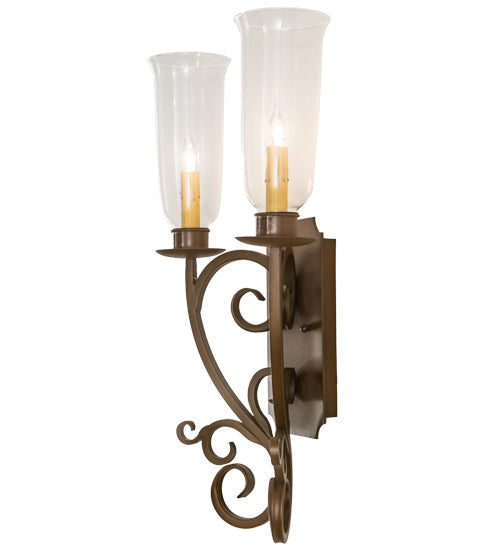 Meyda Lighting Thierry 14" 2-Light Rustic Iron Wall Sconce With Clear Hurricane Shade Glass