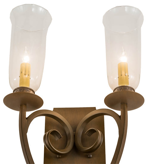 Meyda Lighting Thierry 14" 2-Light Rustic Iron Wall Sconce With Clear Hurricane Shade Glass