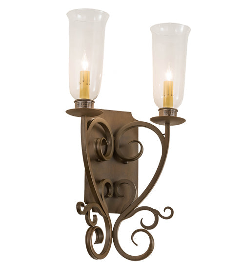 Meyda Lighting Thierry 14" 2-Light Rustic Iron Wall Sconce With Clear Hurricane Shade Glass