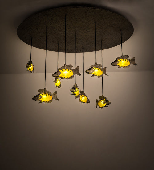 Meyda Lighting Tiervis 56" 9-Light Cascading Pendant Light With Amber Fused Shade Glass