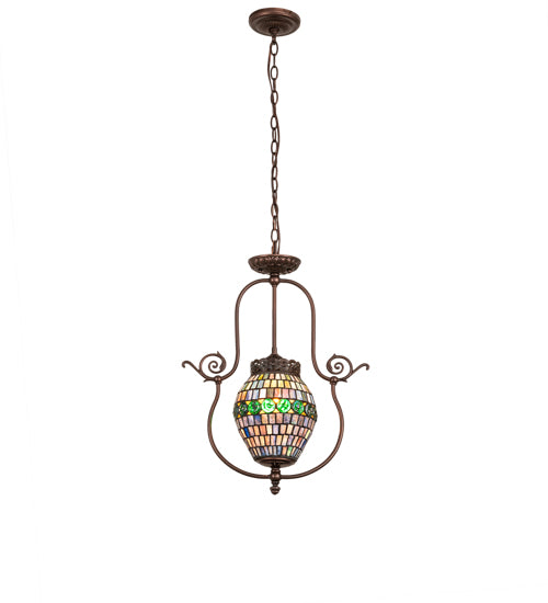 Meyda Lighting Tiffany 17" Mahogany Bronze Belted Turtleback Pendant Light With Multi-Colored Shade Glass