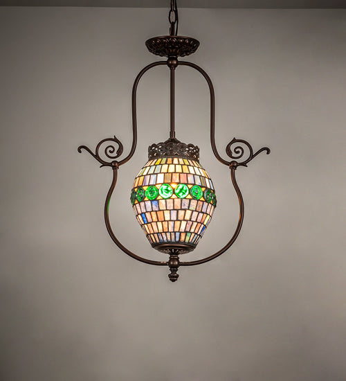 Meyda Lighting Tiffany 17" Mahogany Bronze Belted Turtleback Pendant Light With Multi-Colored Shade Glass