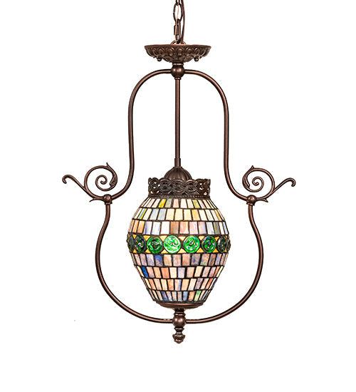 Meyda Lighting Tiffany 17" Mahogany Bronze Belted Turtleback Pendant Light With Multi-Colored Shade Glass