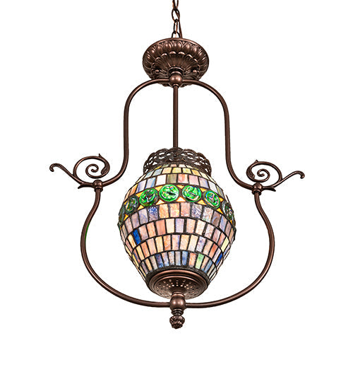 Meyda Lighting Tiffany 17" Mahogany Bronze Belted Turtleback Pendant Light With Multi-Colored Shade Glass