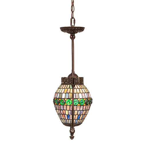 Meyda Lighting Tiffany 17" Mahogany Bronze Belted Turtleback Pendant Light With Multi-Colored Shade Glass