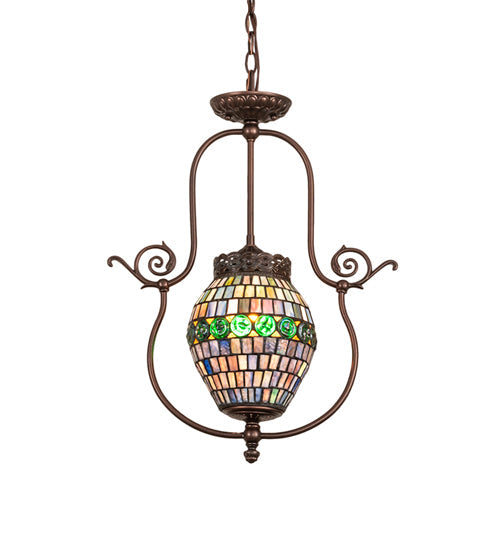 Meyda Lighting Tiffany 17" Mahogany Bronze Belted Turtleback Pendant Light With Multi-Colored Shade Glass