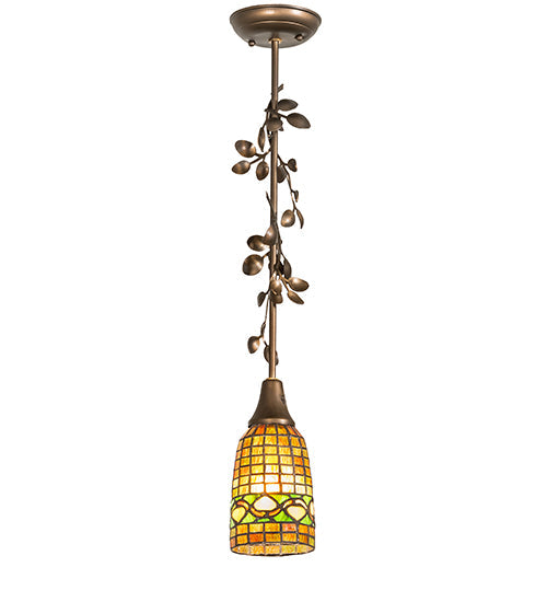 Meyda Lighting Tiffany Acorn 5" Antique Copper Mini Pendant Light With Amber & Green Shade Glass