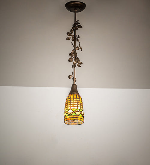 Meyda Lighting Tiffany Acorn 5" Antique Copper Mini Pendant Light With Amber & Green Shade Glass