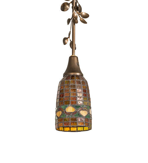 Meyda Lighting Tiffany Acorn 5" Antique Copper Mini Pendant Light With Amber & Green Shade Glass