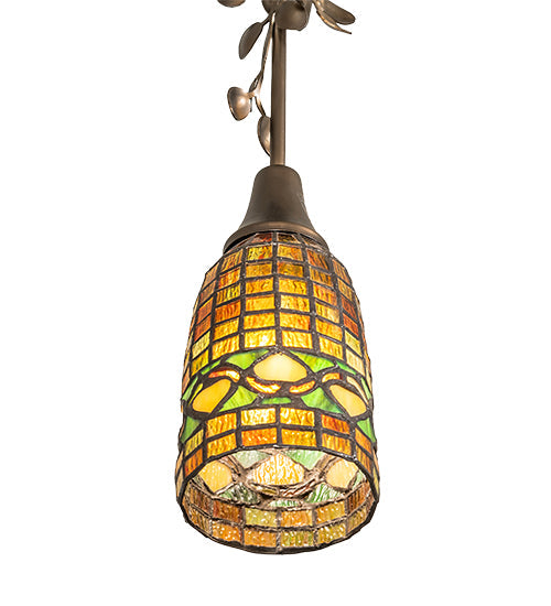 Meyda Lighting Tiffany Acorn 5" Antique Copper Mini Pendant Light With Amber & Green Shade Glass