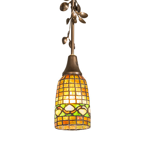 Meyda Lighting Tiffany Acorn 5" Antique Copper Mini Pendant Light With Amber & Green Shade Glass