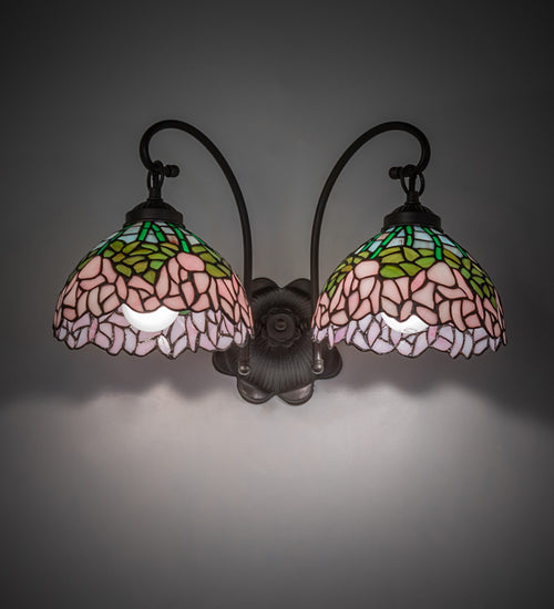 Meyda Lighting Tiffany Cabbage Rose 12" 2-Light Mahogany Bronze Wall Sconce With Multi-Colored Shade Glass