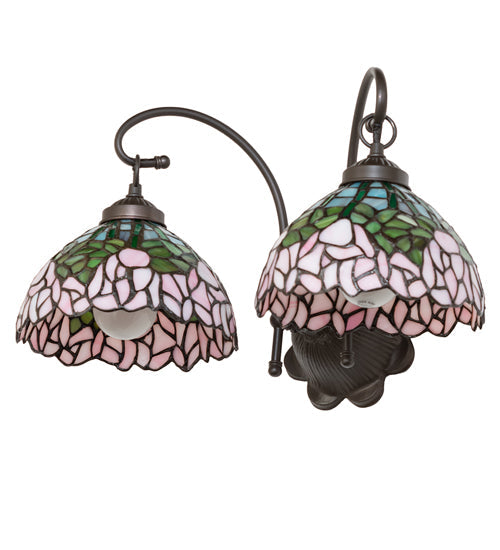 Meyda Lighting Tiffany Cabbage Rose 12" 2-Light Mahogany Bronze Wall Sconce With Multi-Colored Shade Glass