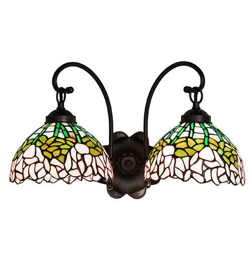 Meyda Lighting Tiffany Cabbage Rose 12" 2-Light Mahogany Bronze Wall Sconce With Multi-Colored Shade Glass