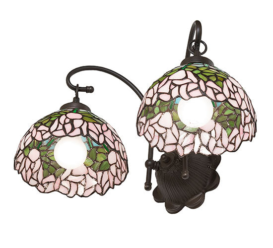 Meyda Lighting Tiffany Cabbage Rose 12" 2-Light Mahogany Bronze Wall Sconce With Multi-Colored Shade Glass