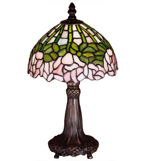 Meyda Lighting Tiffany Cabbage Rose 13" Mahogany Bronze Mini Table Lamp With Pink & Green Stained Shade Glass