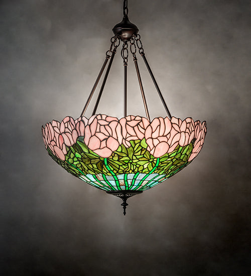 Meyda Lighting Tiffany Cabbage Rose 22" 3-Light Mahogany Bronze Inverted Pendant Light With Pink & Green Shade Glass