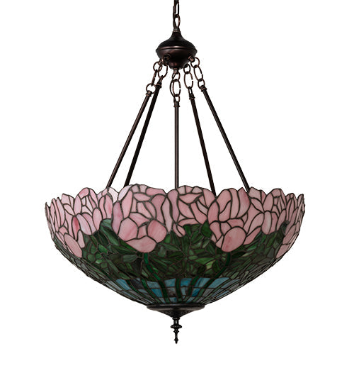 Meyda Lighting Tiffany Cabbage Rose 22" 3-Light Mahogany Bronze Inverted Pendant Light With Pink & Green Shade Glass