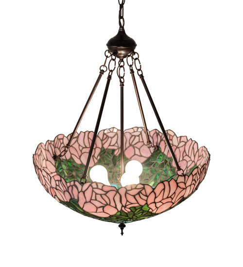 Meyda Lighting Tiffany Cabbage Rose 22" 3-Light Mahogany Bronze Inverted Pendant Light With Pink & Green Shade Glass