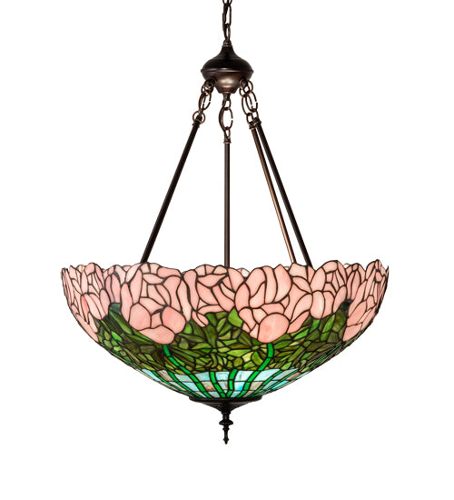 Meyda Lighting Tiffany Cabbage Rose 22" 3-Light Mahogany Bronze Inverted Pendant Light With Pink & Green Shade Glass