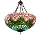 Meyda Lighting Tiffany Cabbage Rose 22" 3-Light Mahogany Bronze Inverted Pendant Light With Pink & Green Shade Glass