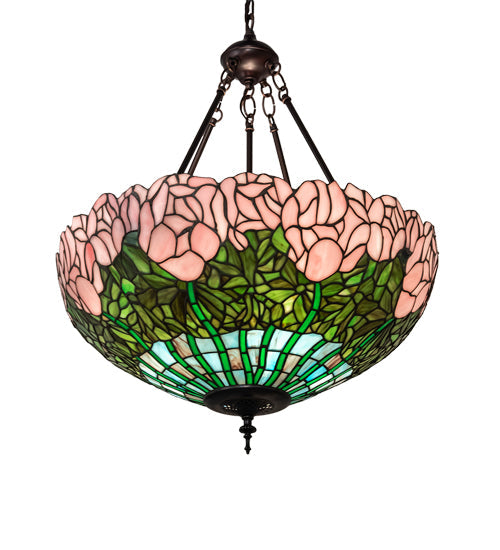 Meyda Lighting Tiffany Cabbage Rose 22" 3-Light Mahogany Bronze Inverted Pendant Light With Pink & Green Shade Glass