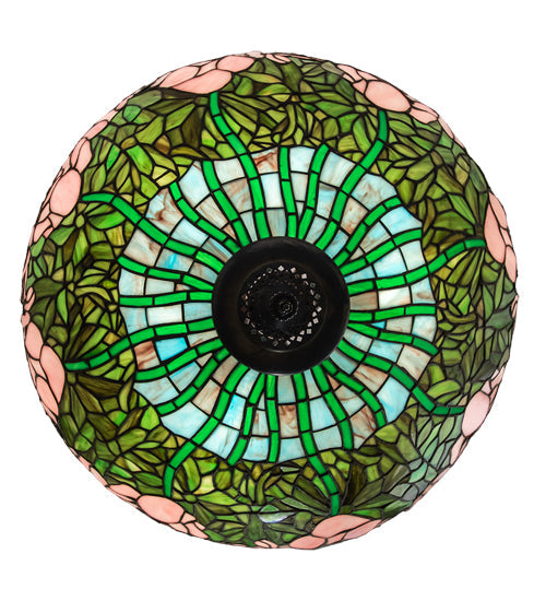 Meyda Lighting Tiffany Cabbage Rose 22" 3-Light Mahogany Bronze Inverted Pendant Light With Pink & Green Shade Glass