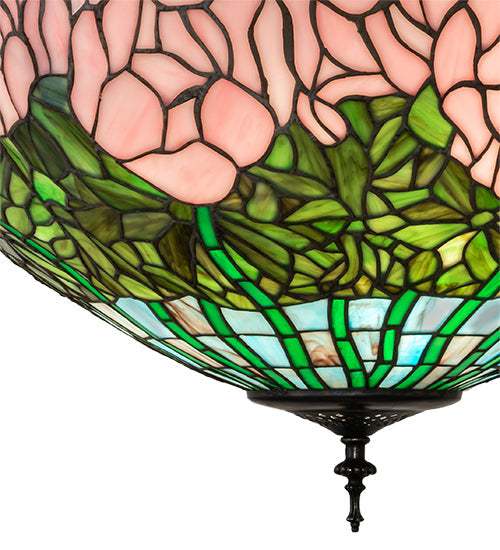 Meyda Lighting Tiffany Cabbage Rose 22" 3-Light Mahogany Bronze Inverted Pendant Light With Pink & Green Shade Glass