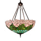Meyda Lighting Tiffany Cabbage Rose 22" 3-Light Mahogany Bronze Inverted Pendant Light With Pink & Green Shade Glass