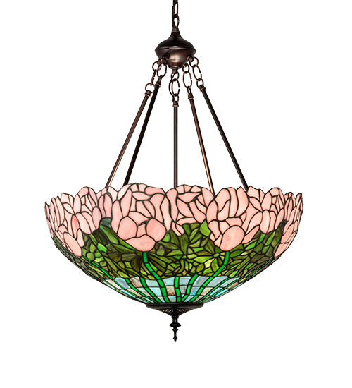 Meyda Lighting Tiffany Cabbage Rose 22" 3-Light Mahogany Bronze Inverted Pendant Light With Pink & Green Shade Glass