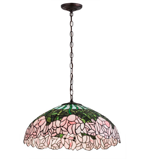 Meyda Lighting Tiffany Cabbage Rose 22" 3-Light Mahogany Bronze Pendant Light With Multi-Colored Shade Glass