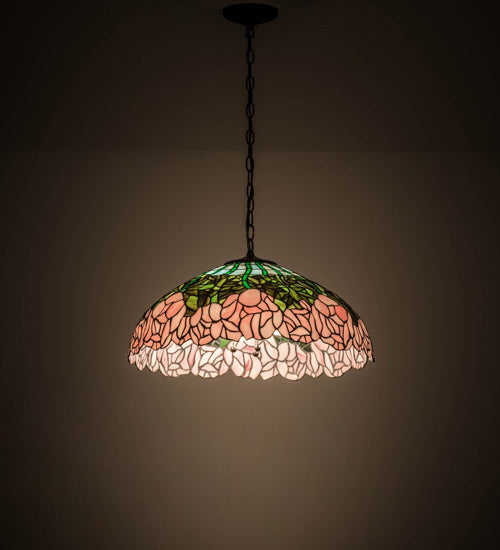 Meyda Lighting Tiffany Cabbage Rose 22" 3-Light Mahogany Bronze Pendant Light With Multi-Colored Shade Glass
