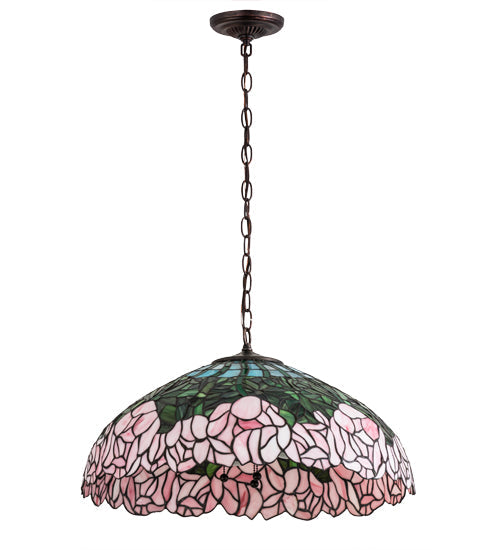 Meyda Lighting Tiffany Cabbage Rose 22" 3-Light Mahogany Bronze Pendant Light With Multi-Colored Shade Glass