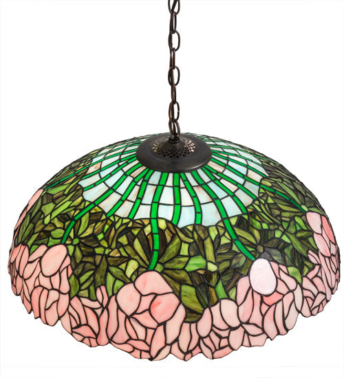 Meyda Lighting Tiffany Cabbage Rose 22" 3-Light Mahogany Bronze Pendant Light With Multi-Colored Shade Glass