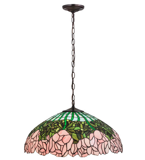 Meyda Lighting Tiffany Cabbage Rose 22" 3-Light Mahogany Bronze Pendant Light With Multi-Colored Shade Glass