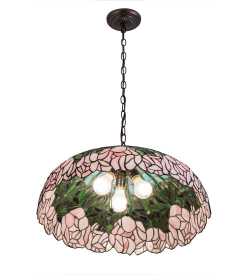 Meyda Lighting Tiffany Cabbage Rose 22" 3-Light Mahogany Bronze Pendant Light With Multi-Colored Shade Glass