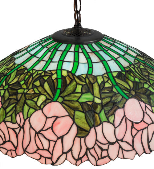 Meyda Lighting Tiffany Cabbage Rose 22" 3-Light Mahogany Bronze Pendant Light With Multi-Colored Shade Glass