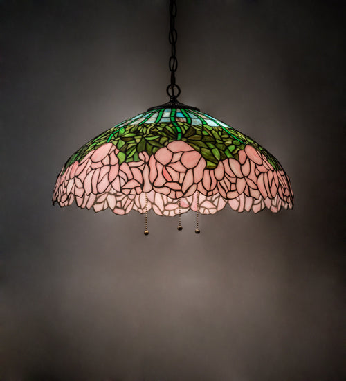 Meyda Lighting Tiffany Cabbage Rose 22" 3-Light Mahogany Bronze Pendant Light With Pink & Green Shade Glass