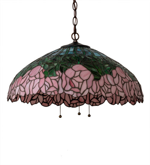 Meyda Lighting Tiffany Cabbage Rose 22" 3-Light Mahogany Bronze Pendant Light With Pink & Green Shade Glass