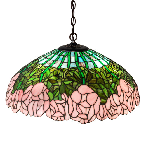 Meyda Lighting Tiffany Cabbage Rose 22" 3-Light Mahogany Bronze Pendant Light With Pink & Green Shade Glass