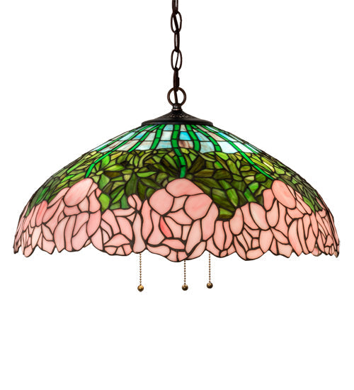 Meyda Lighting Tiffany Cabbage Rose 22" 3-Light Mahogany Bronze Pendant Light With Pink & Green Shade Glass