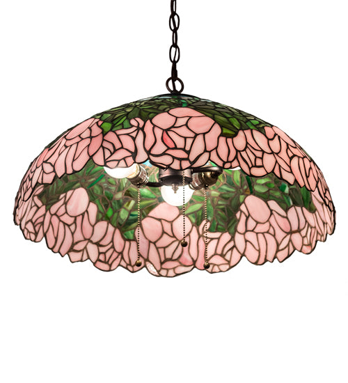 Meyda Lighting Tiffany Cabbage Rose 22" 3-Light Mahogany Bronze Pendant Light With Pink & Green Shade Glass