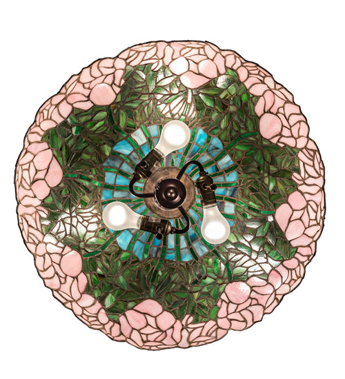 Meyda Lighting Tiffany Cabbage Rose 22" 3-Light Mahogany Bronze Pendant Light With Pink & Green Shade Glass
