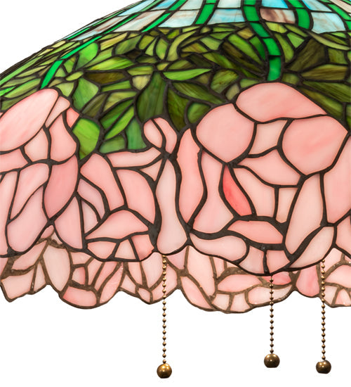 Meyda Lighting Tiffany Cabbage Rose 22" 3-Light Mahogany Bronze Pendant Light With Pink & Green Shade Glass