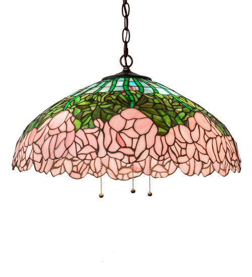 Meyda Lighting Tiffany Cabbage Rose 22" 3-Light Mahogany Bronze Pendant Light With Pink & Green Shade Glass